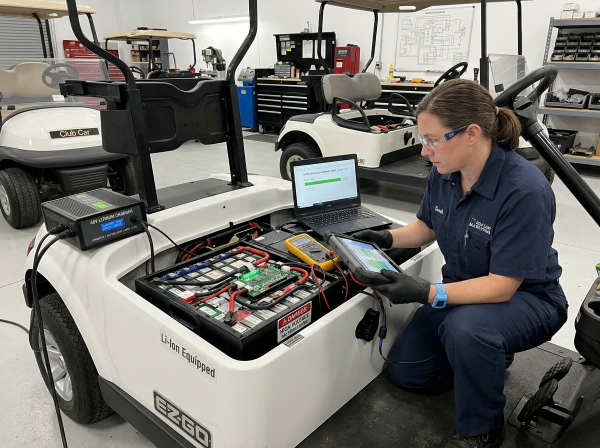 Maintenance technician inspecting electrical components, highlighting the technical requirements of golf cart lithium battery upgrades such as BMS cell balancing, controller firmware updates, and charger compatibility. Maintenance technician inspecting electrical components, highlighting the technical requirements of golf cart lithium battery upgrades such as BMS cell balancing, controller firmware updates, and charger compatibility.